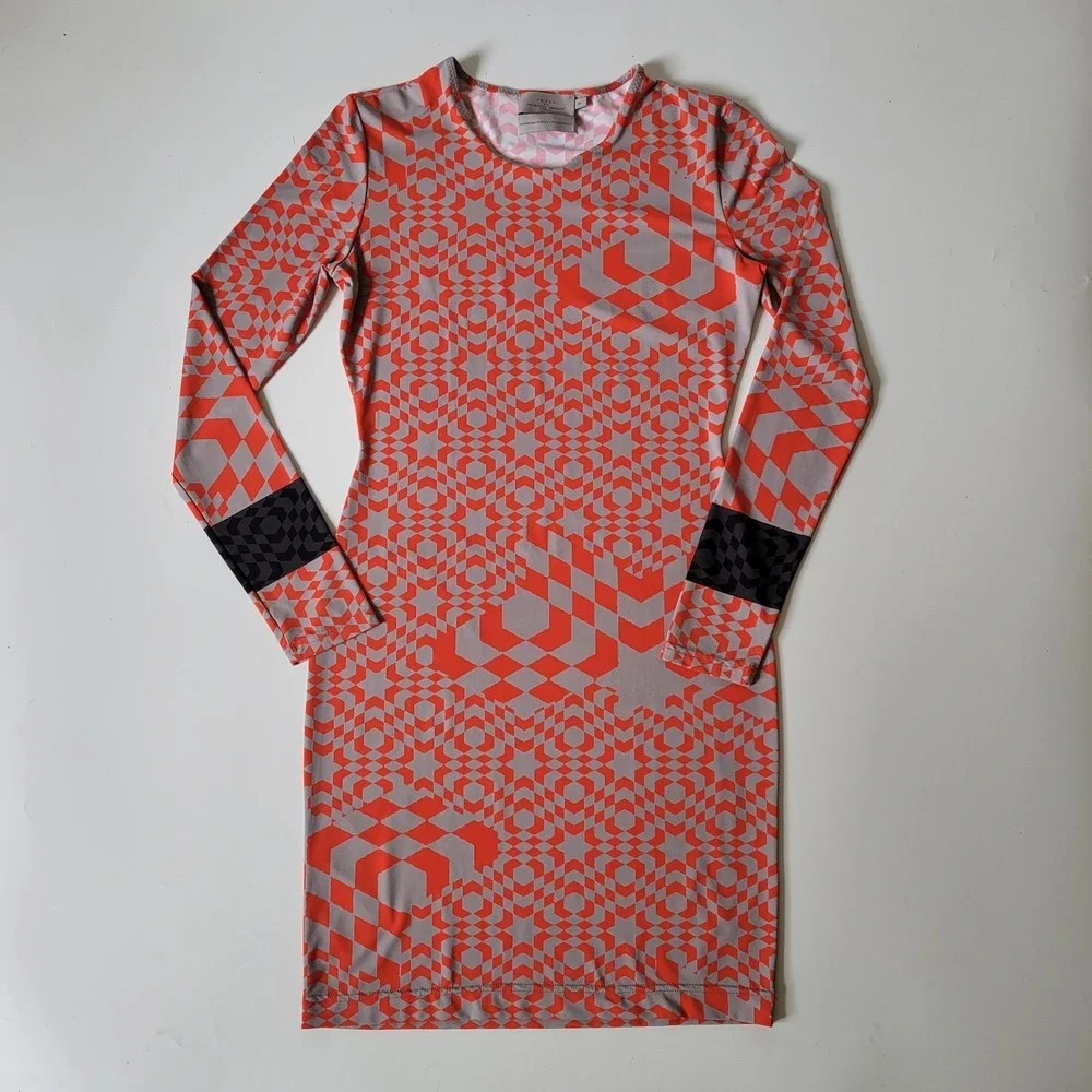 Preen by Thornton Bregazzi Dress Orange Printed Jersey Knit Long Sleeve‎ Bodycon